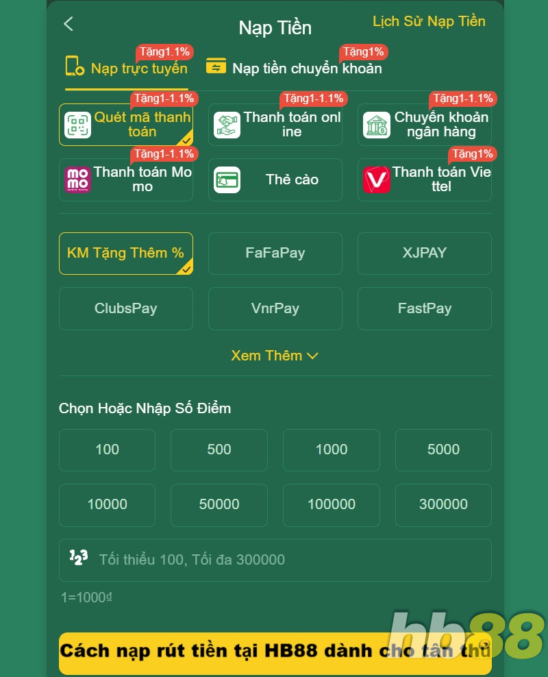 Cách nạp rút tiền tại HB88 dành cho tân thủ